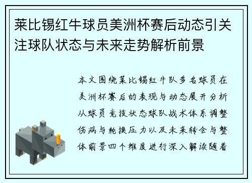 莱比锡红牛球员美洲杯赛后动态引关注球队状态与未来走势解析前景